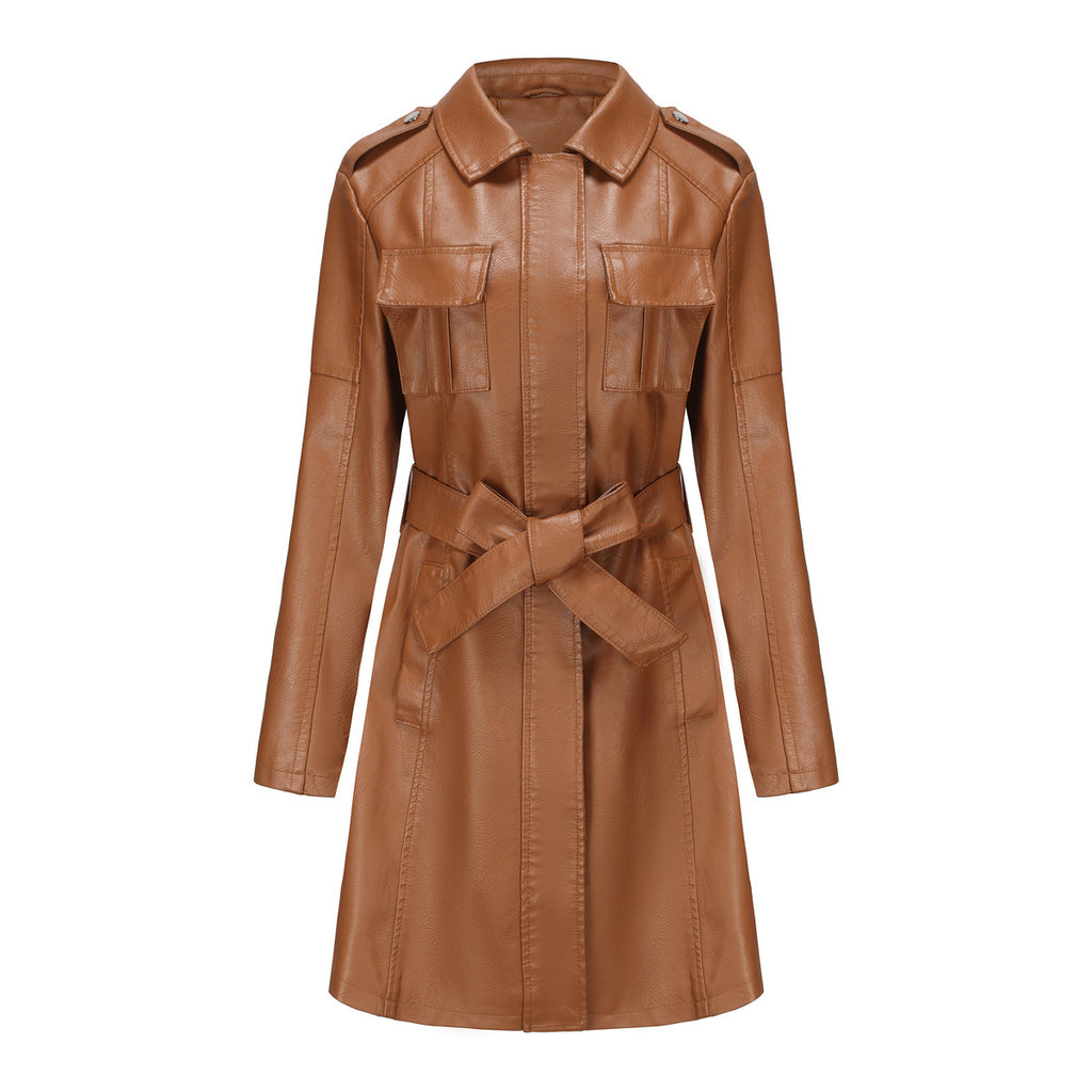 Léa Belted Vegan Leather Mid-Length Trench Jacket