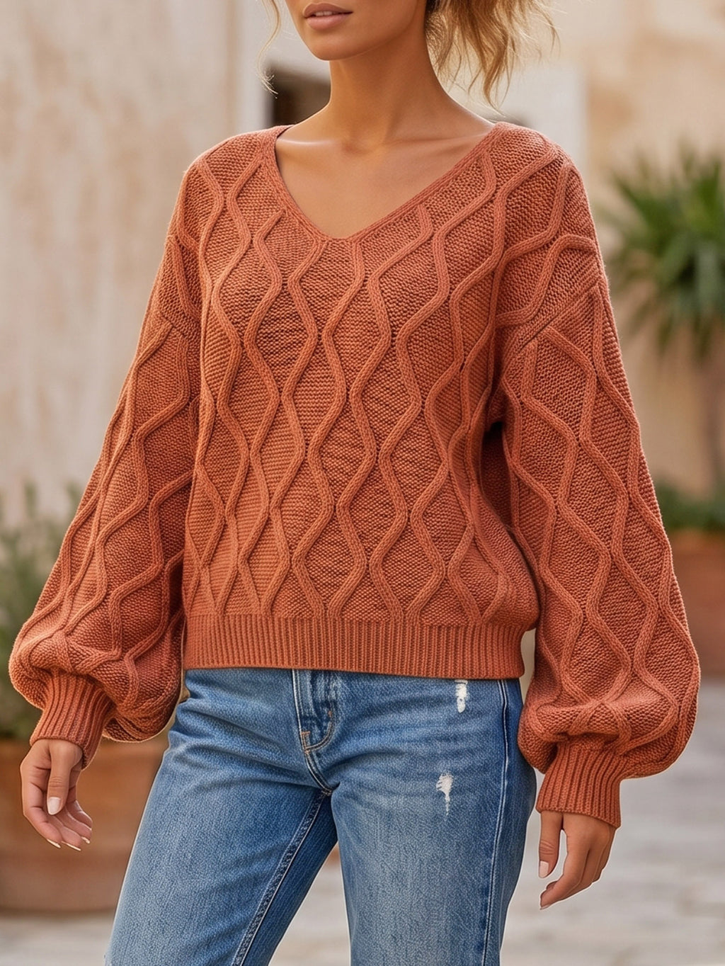 Léa V-Neck Twisted Knit Pullover Sweater
