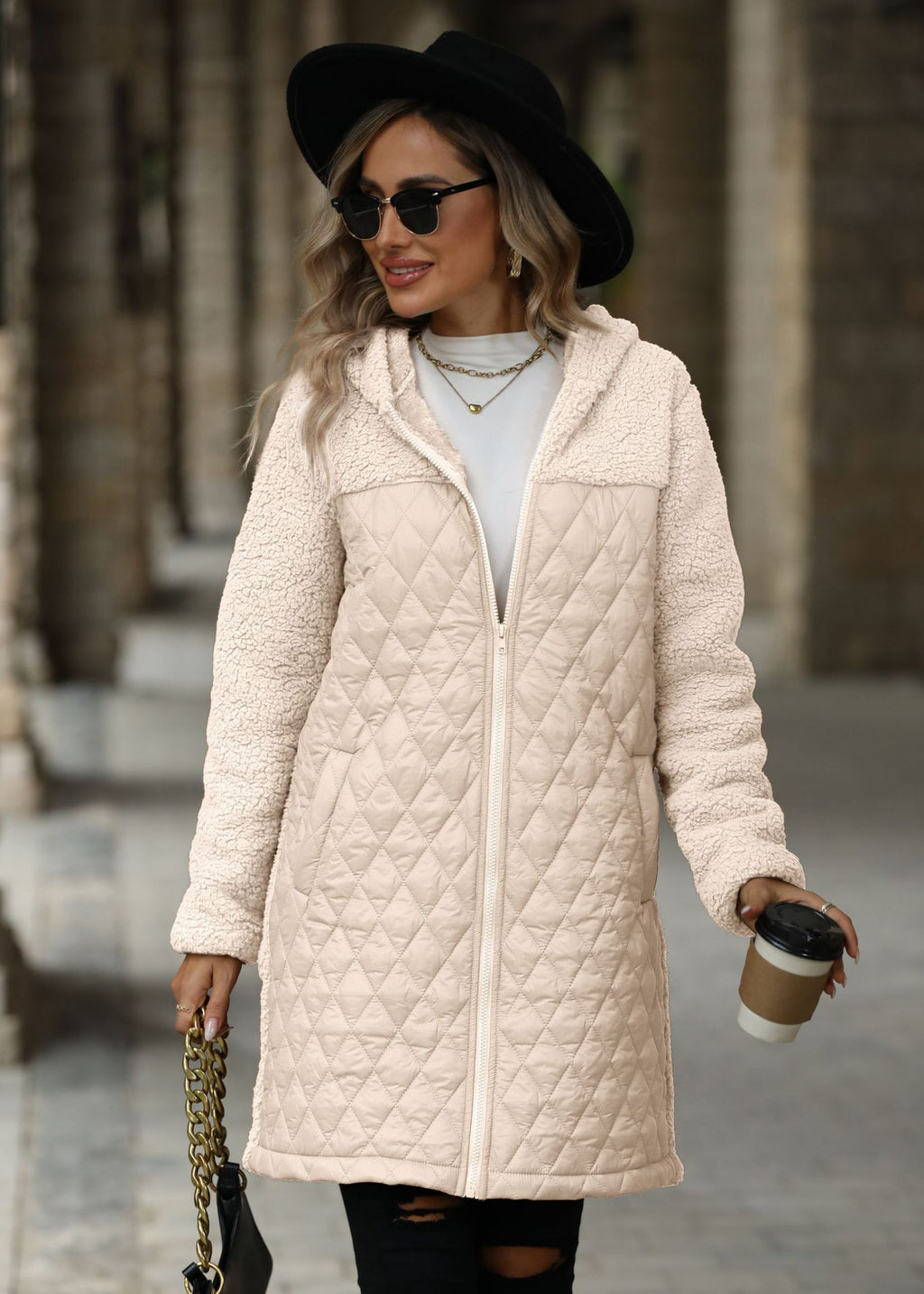 Léa Hooded Plush Quilted Long Jacket