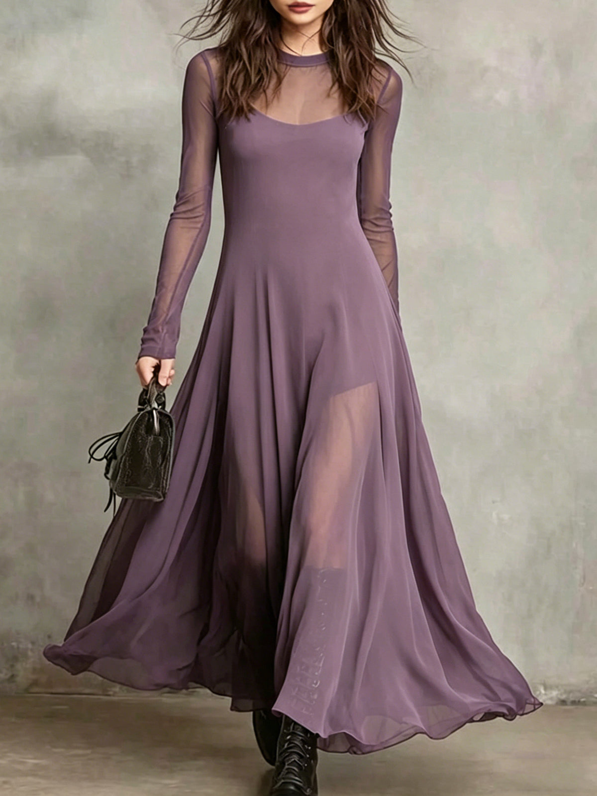 Odessa Sheer Mesh Sleeve A-Line Midi Dress