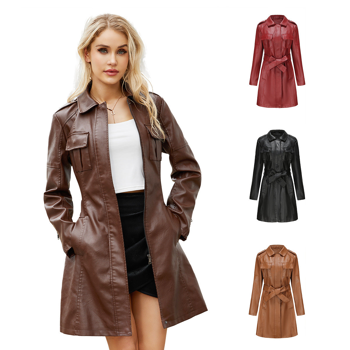 Léa Belted Vegan Leather Mid-Length Trench Jacket