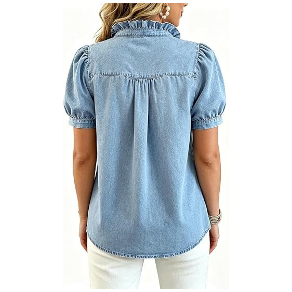 Léa Washed Denim Ruffle Blouse