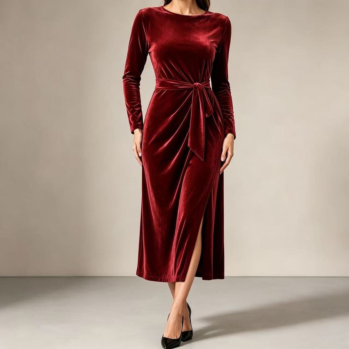 Léa Velvet Tie Front Side Slit Midi Dress