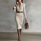 Léa Elegant Long Sleeve Ribbed Midi Dress