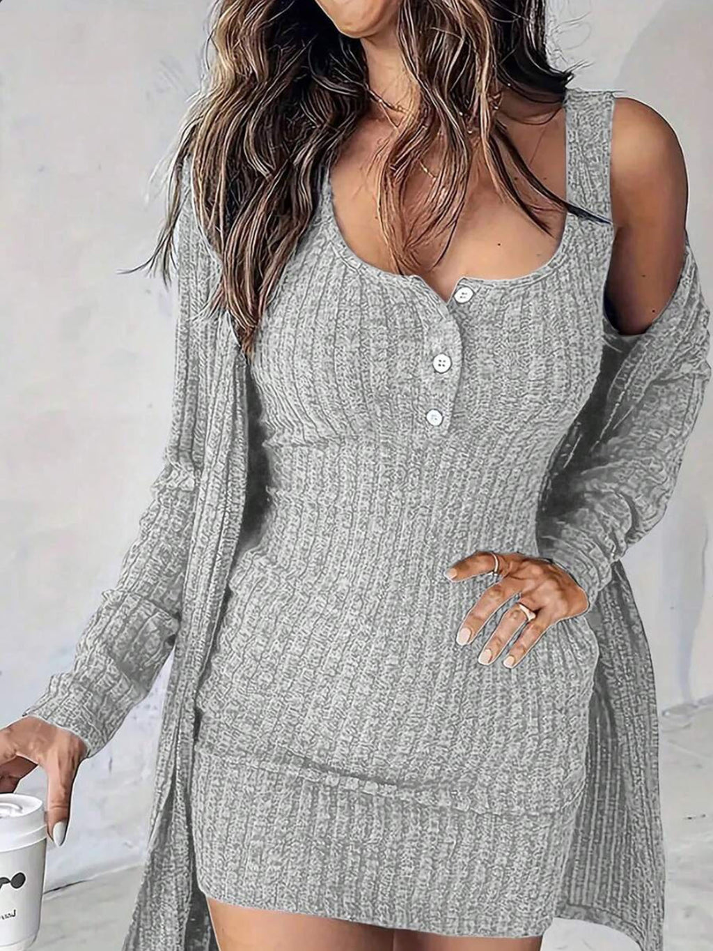 Léa Soft Knit Ribbed Cardigan & Tank Dress Set