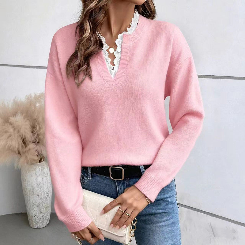 Léa Chic Lace Trim V-Neck Sweater