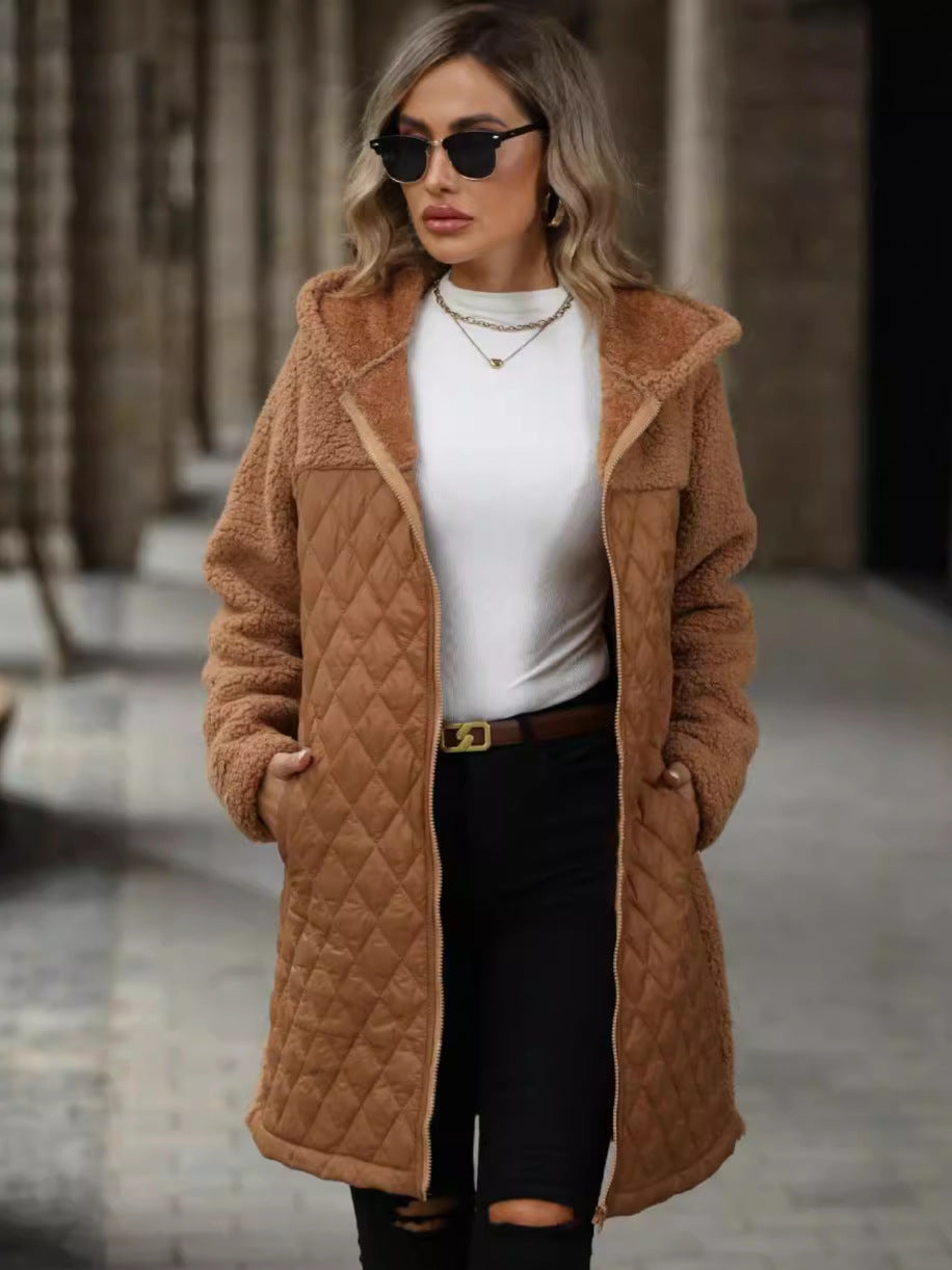 Léa Hooded Plush Quilted Long Jacket