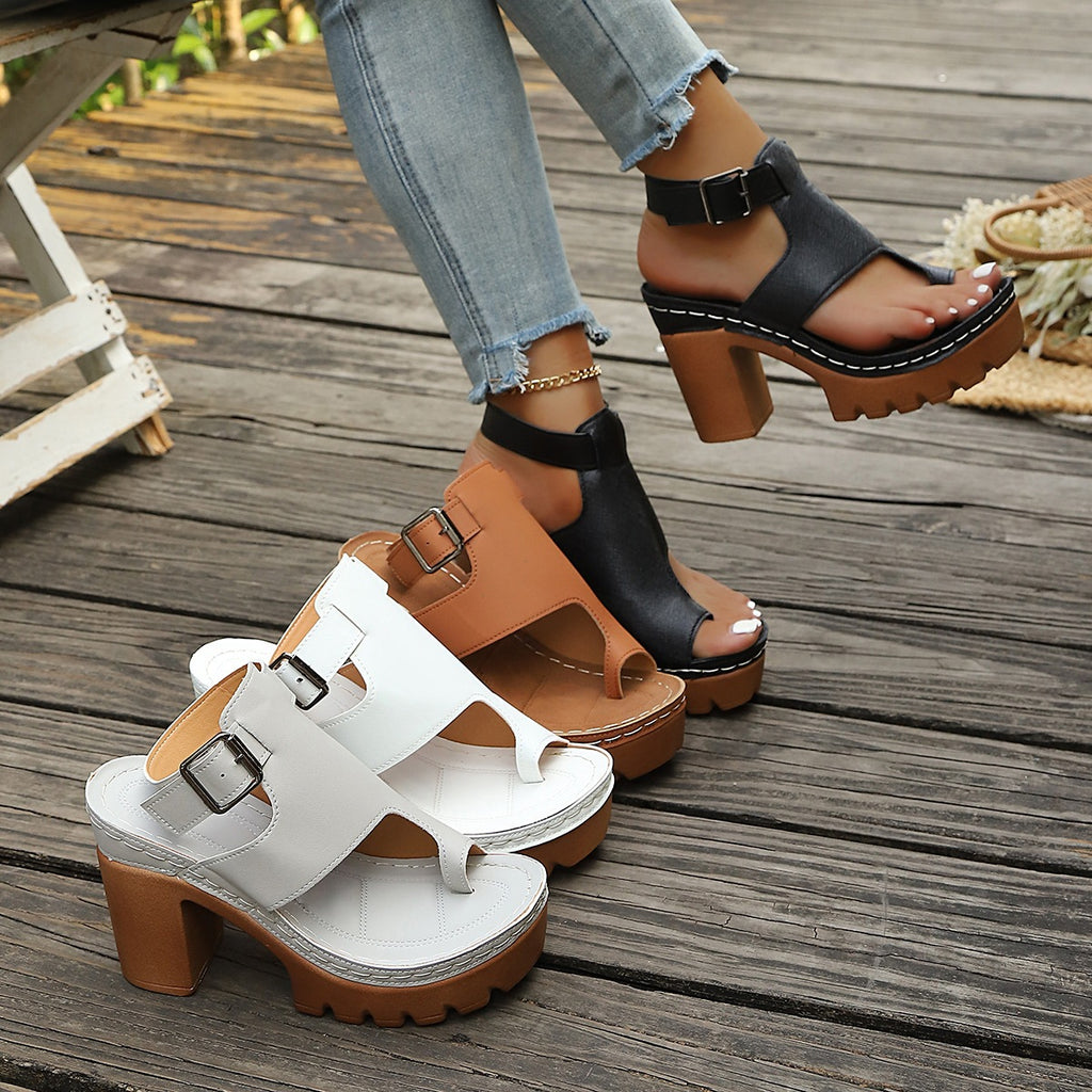 Élise Roman Buckle Chunky High Heel Sandals