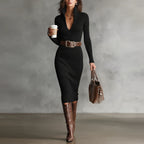 Léa Elegant Long Sleeve Ribbed Midi Dress