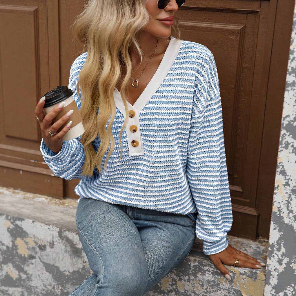 Léa Striped V-Neck Knit Long Sleeve Top