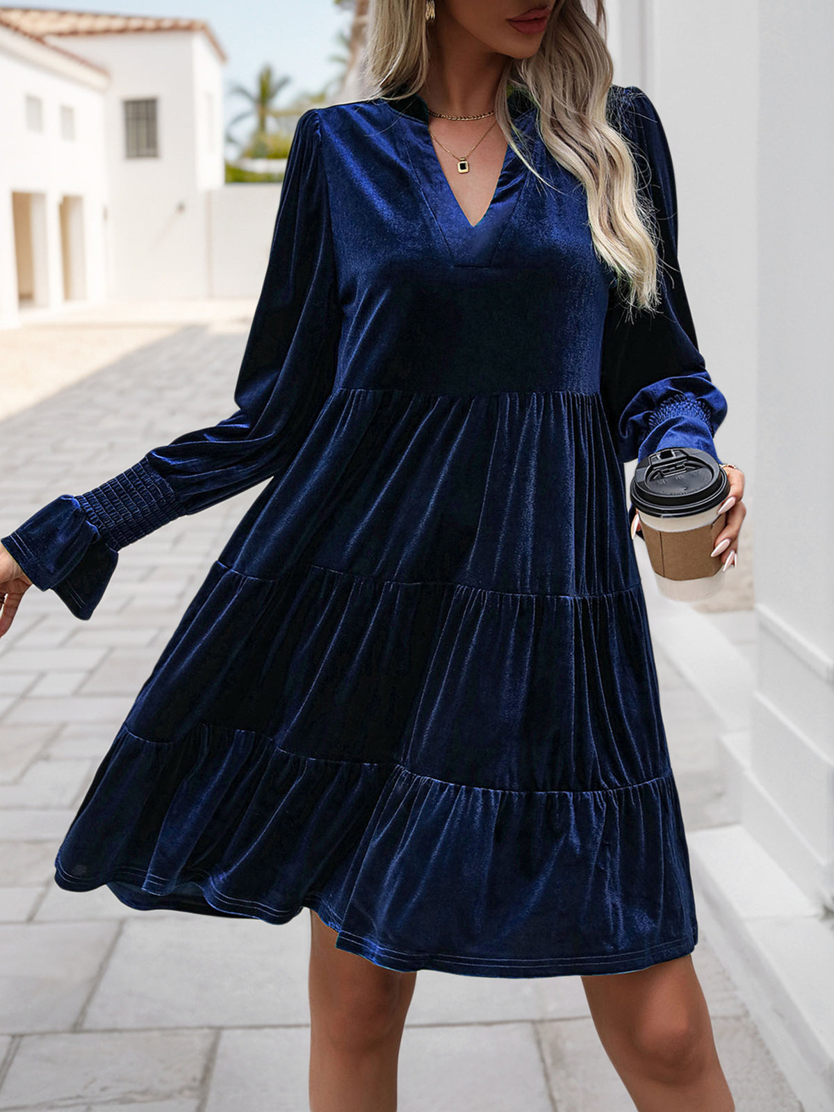 Léa Soft Velvet Tiered Long Sleeve Dress