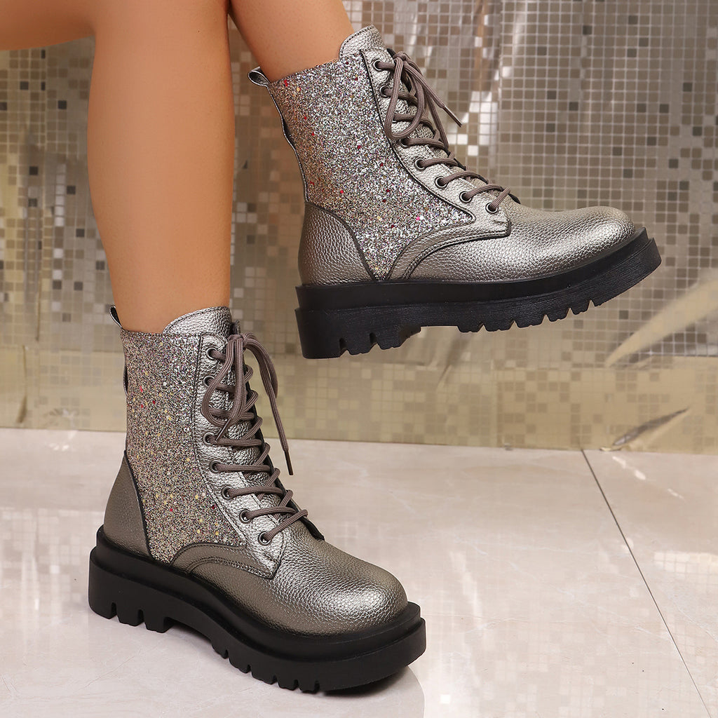 Penelope Sequin Sparkle Platform Lace-Up Boots