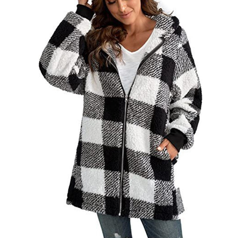 Luciel Plush Longline Hooded Plaid Jacket