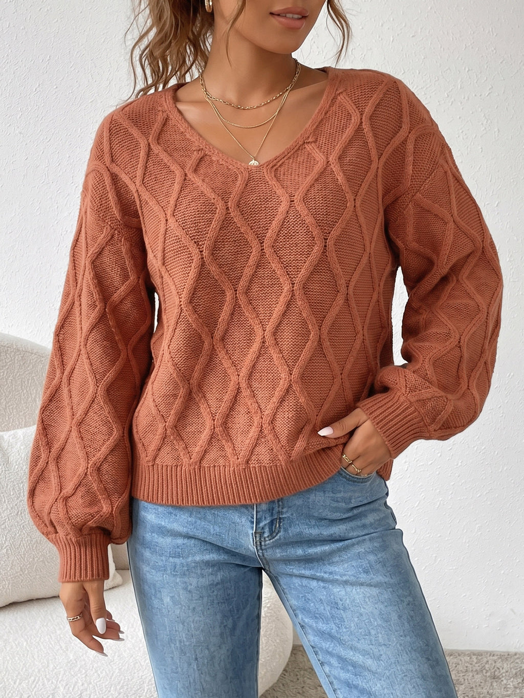Léa V-Neck Twisted Knit Pullover Sweater