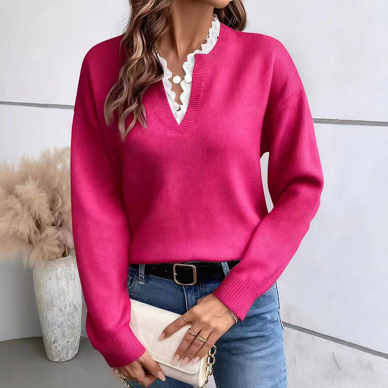 Léa Chic Lace Trim V-Neck Sweater