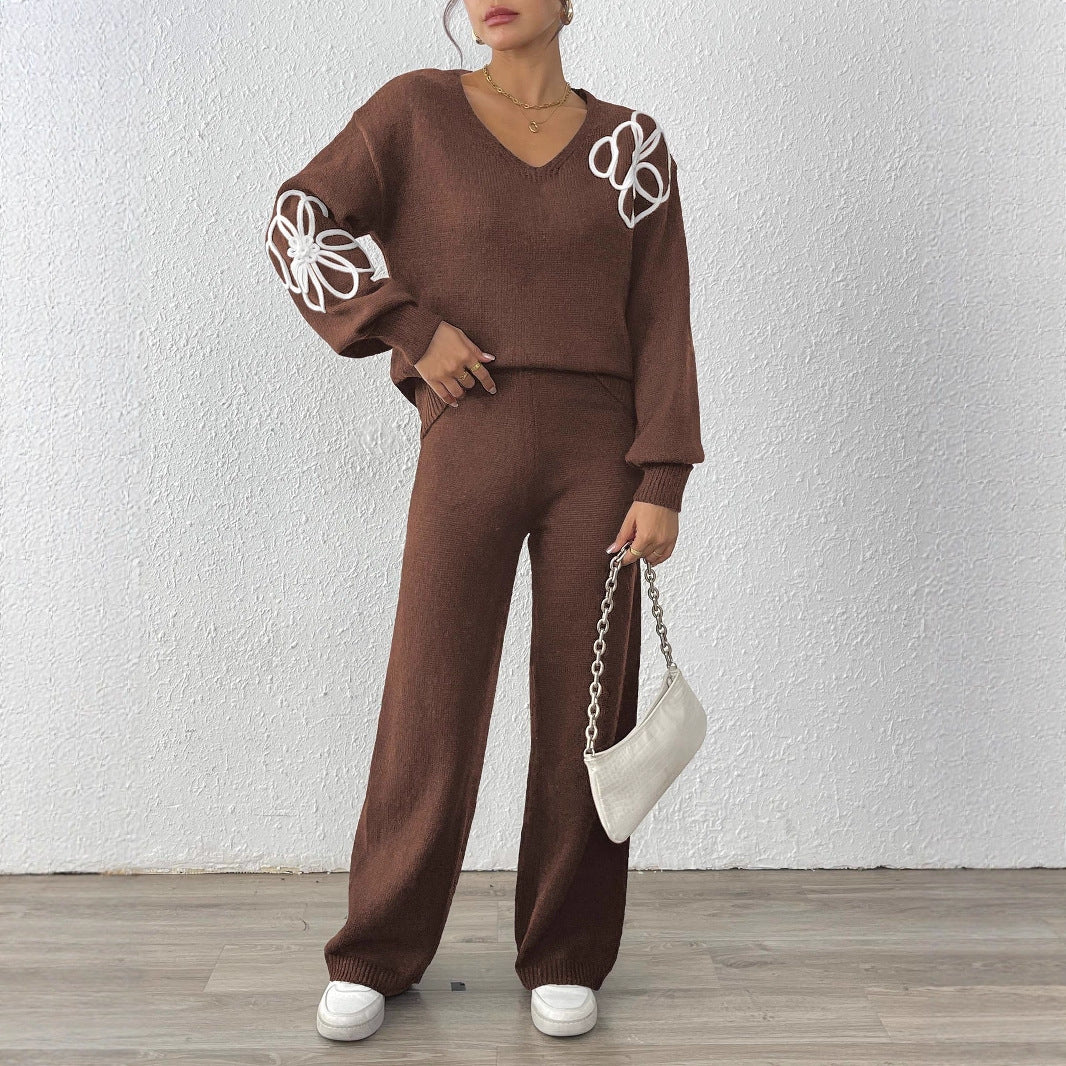 Léa Embroidered Floral Knit Sweater & Pant Set