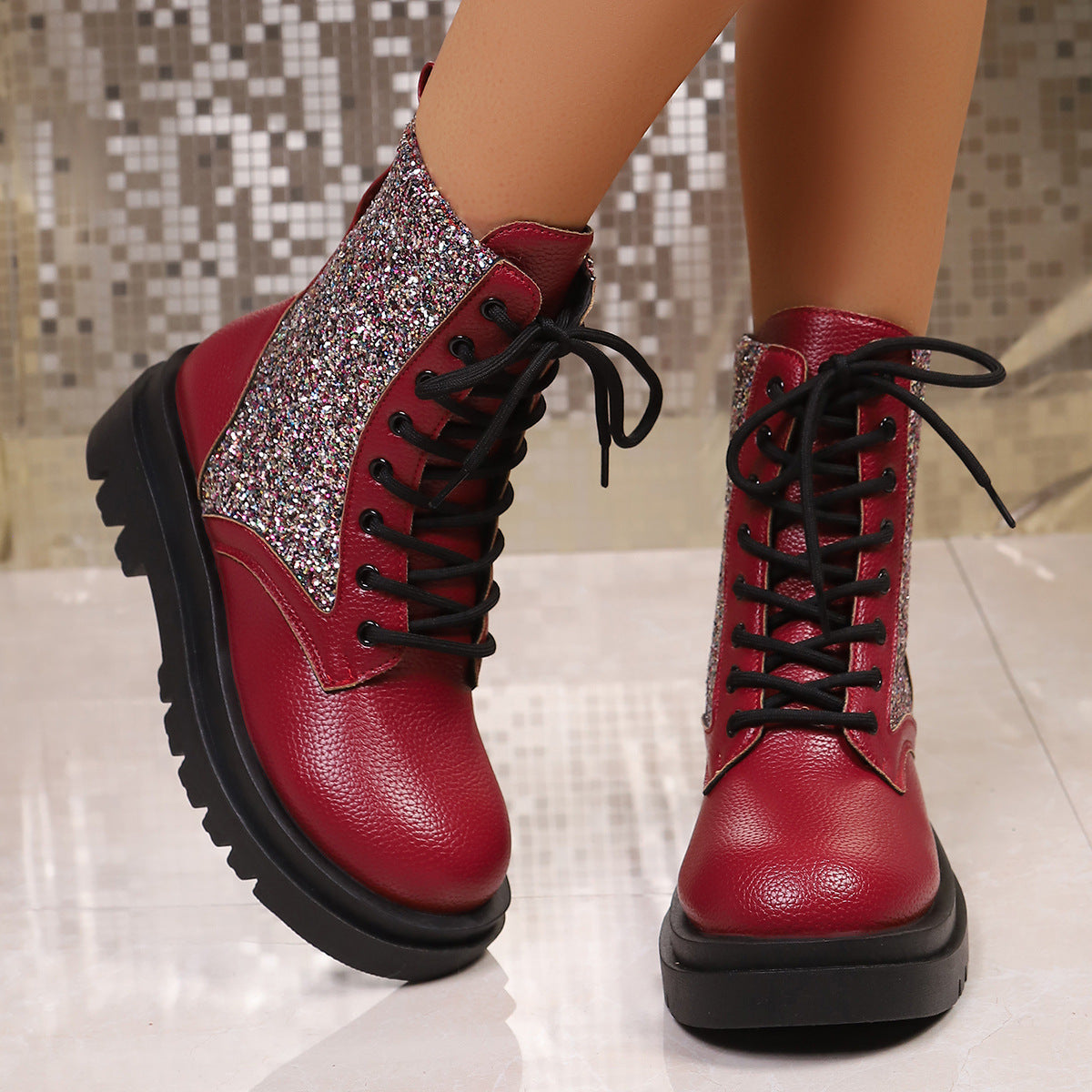 Penelope Sequin Sparkle Platform Lace-Up Boots