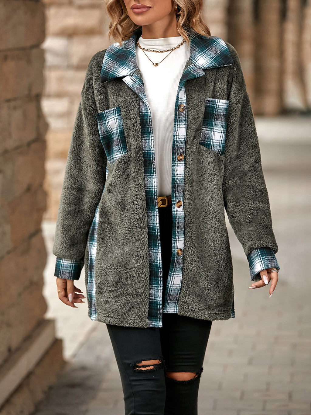 Léa Women's Plaid Plush Long Jacket