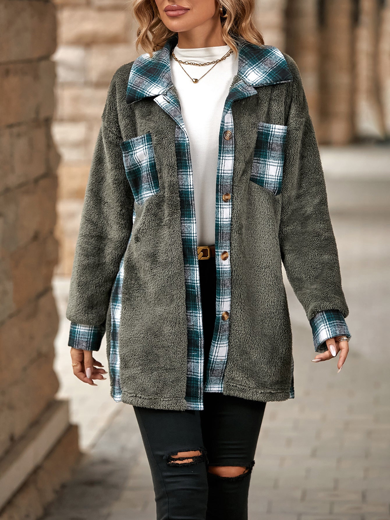 Léa Women's Plaid Plush Long Jacket