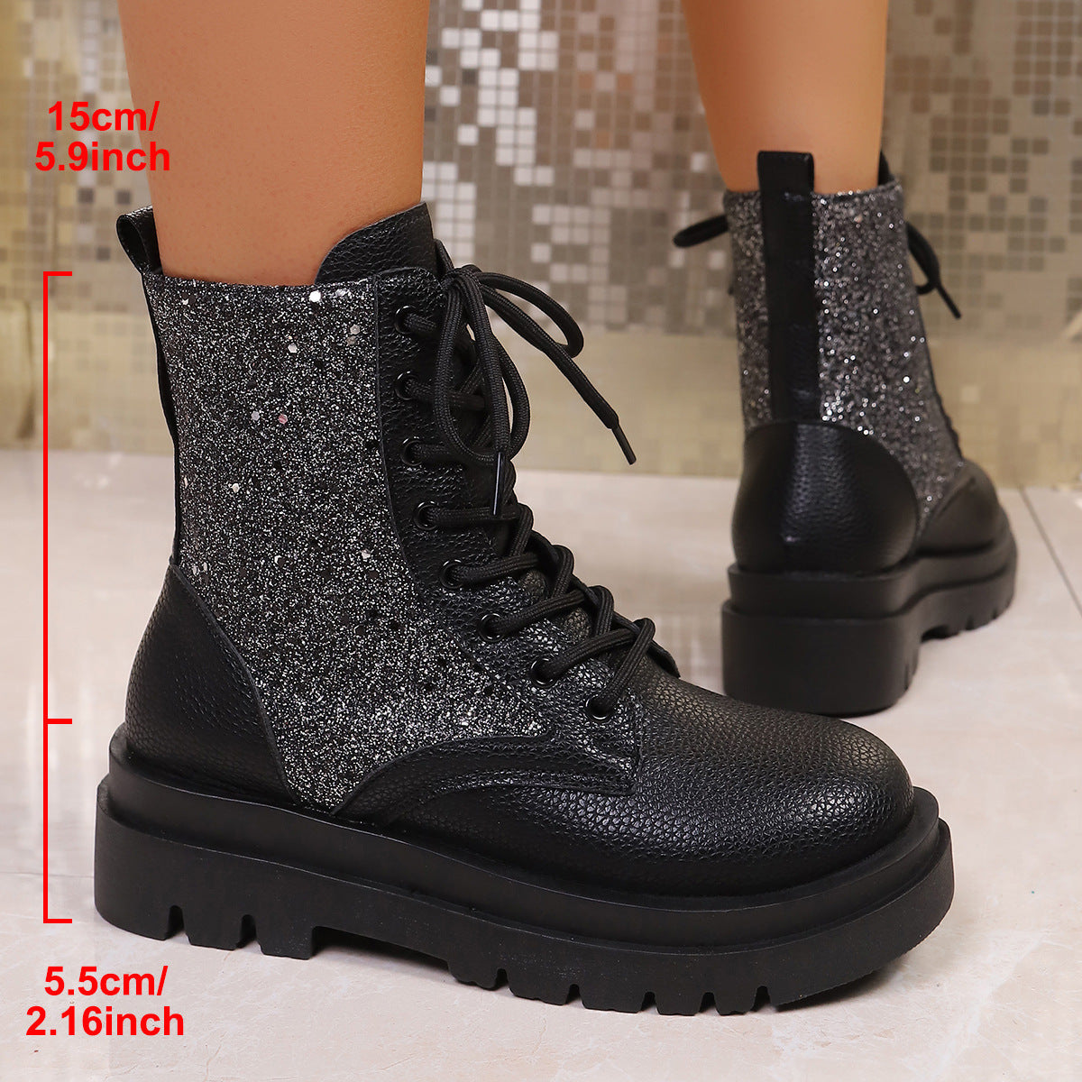 Penelope Sequin Sparkle Platform Lace-Up Boots