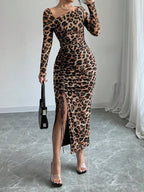 Léa Luxe Leopard Long Sleeve Bodycon Dress