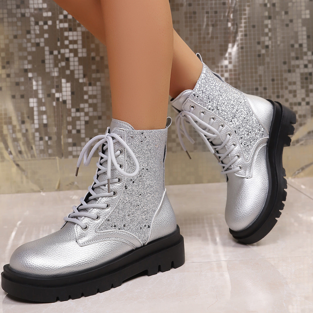 Penelope Sequin Sparkle Platform Lace-Up Boots