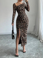 Léa Luxe Leopard Long Sleeve Bodycon Dress