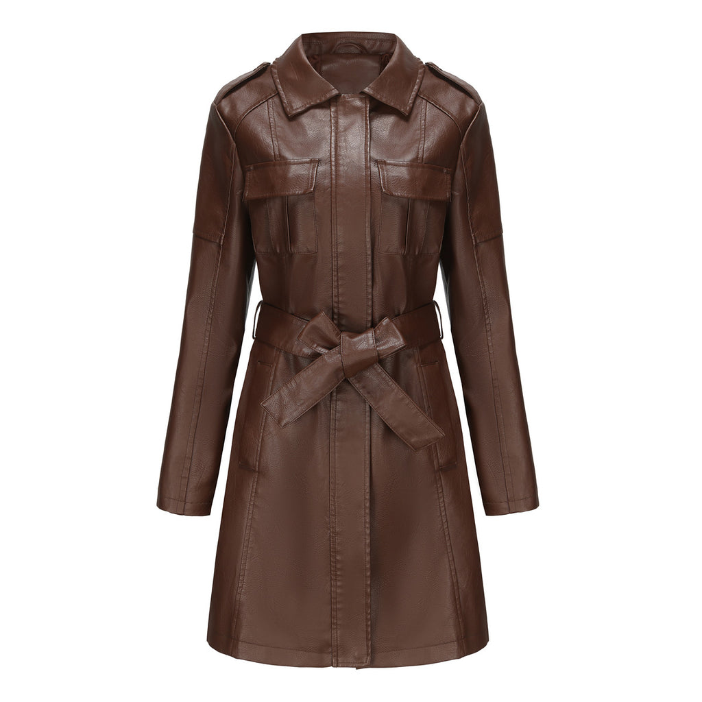 Léa Belted Vegan Leather Mid-Length Trench Jacket