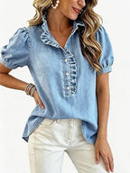 Léa Washed Denim Ruffle Blouse