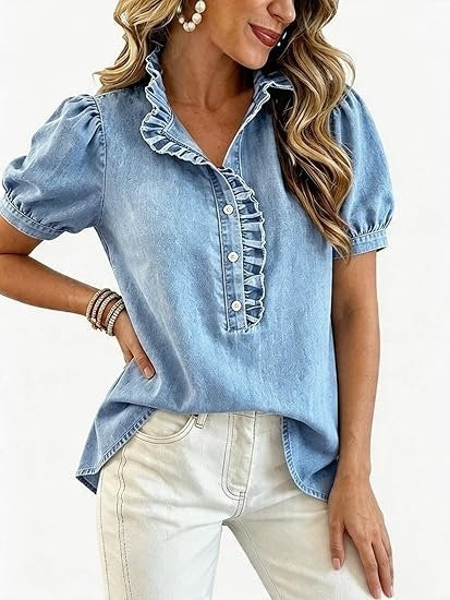 Léa Washed Denim Ruffle Blouse