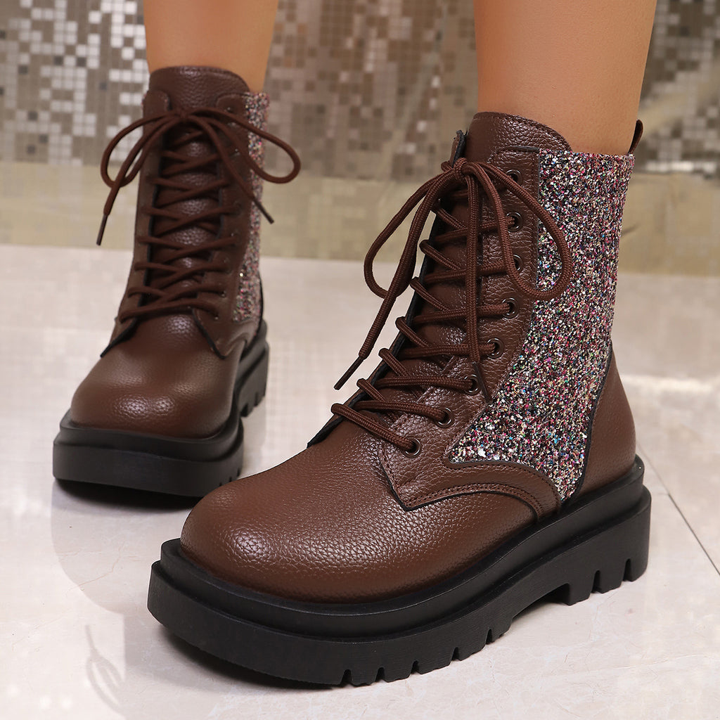 Penelope Sequin Sparkle Platform Lace-Up Boots