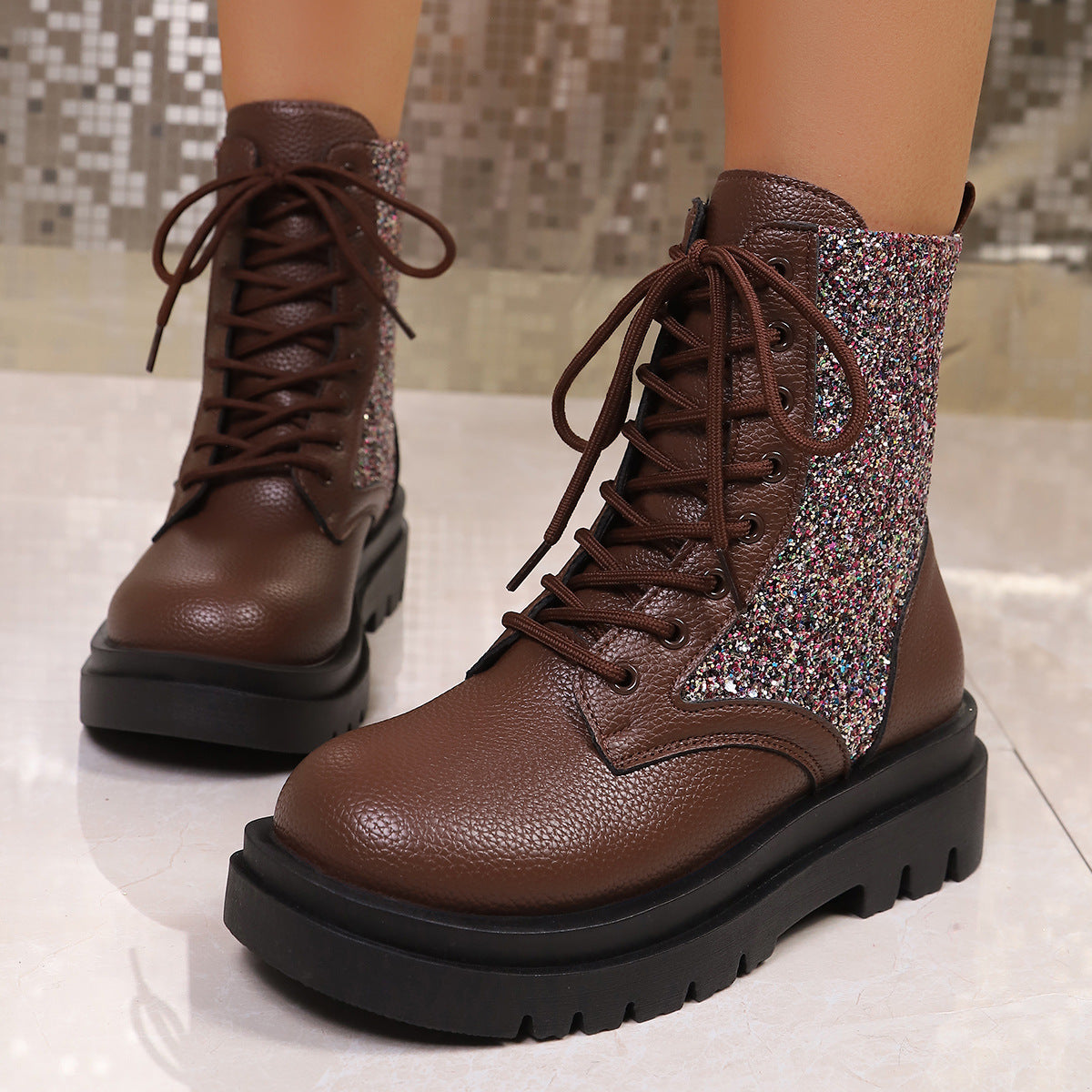Penelope Sequin Sparkle Platform Lace-Up Boots