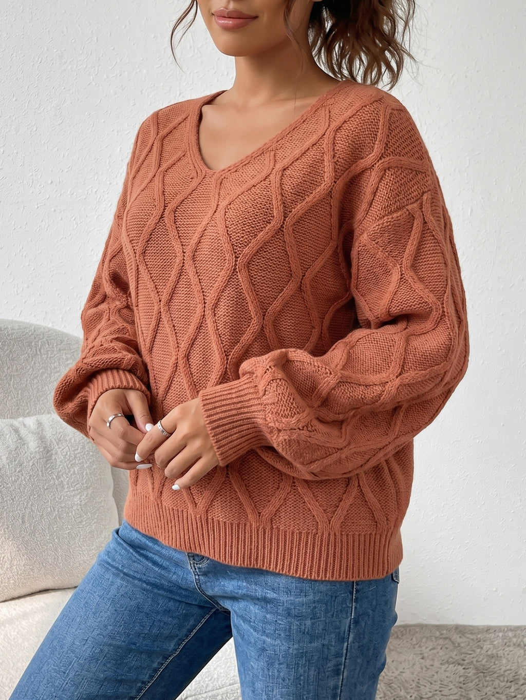 Léa V-Neck Twisted Knit Pullover Sweater
