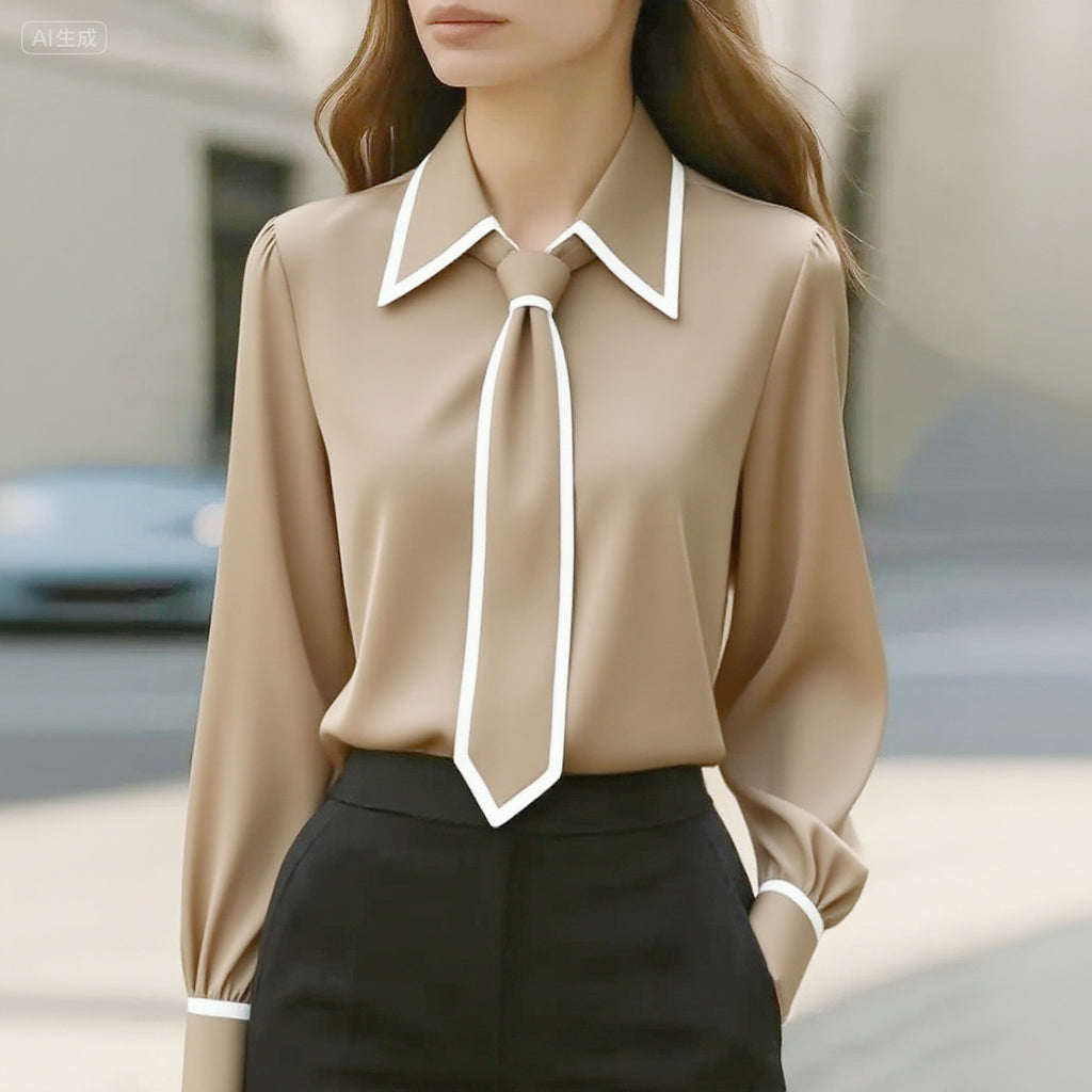 Léa Contrast Tie-Front Business Casual Blouse