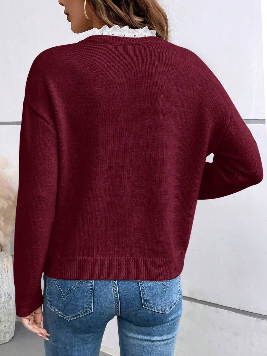 Léa Chic Lace Trim V-Neck Sweater