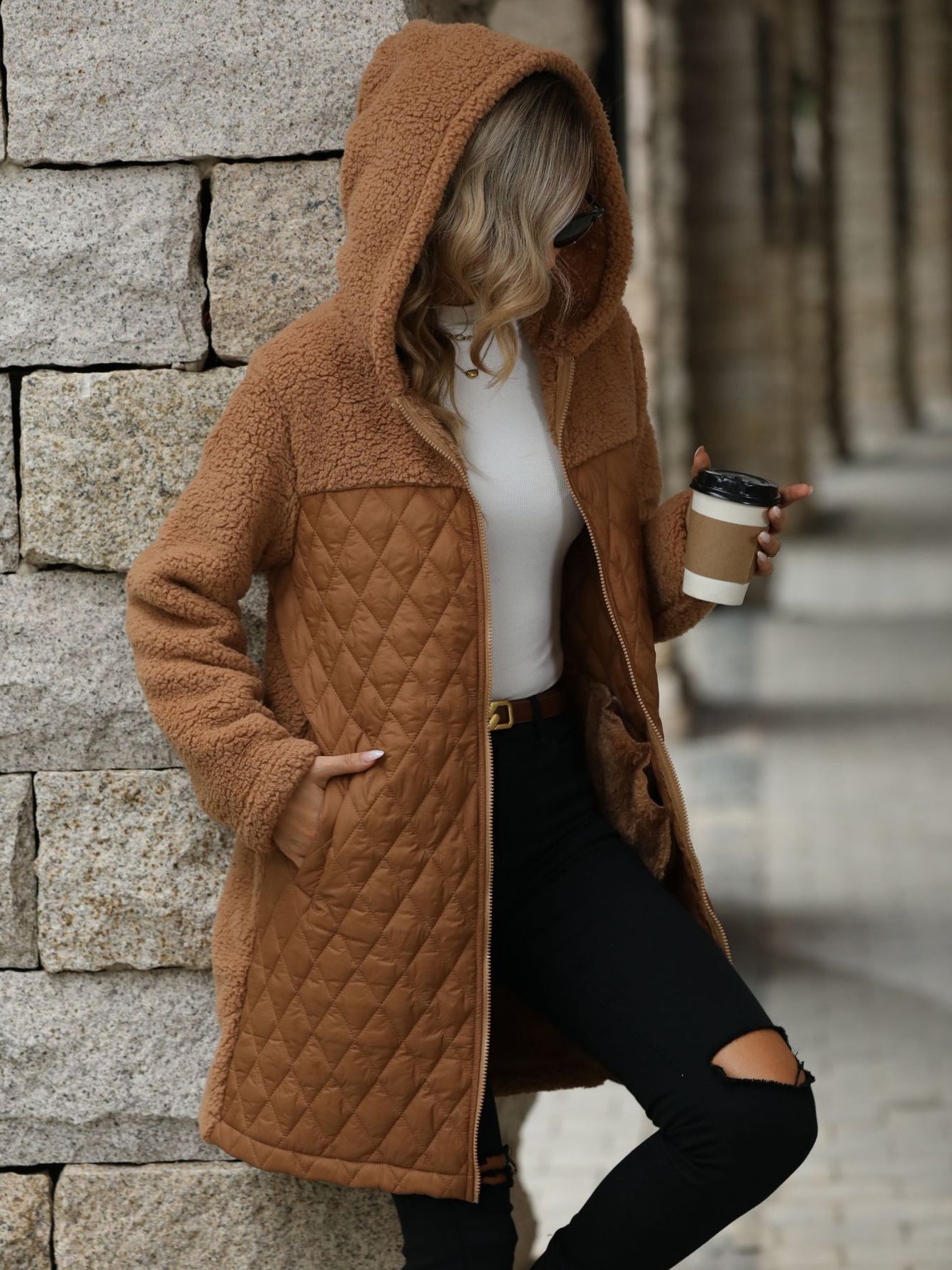 Léa Hooded Plush Quilted Long Jacket