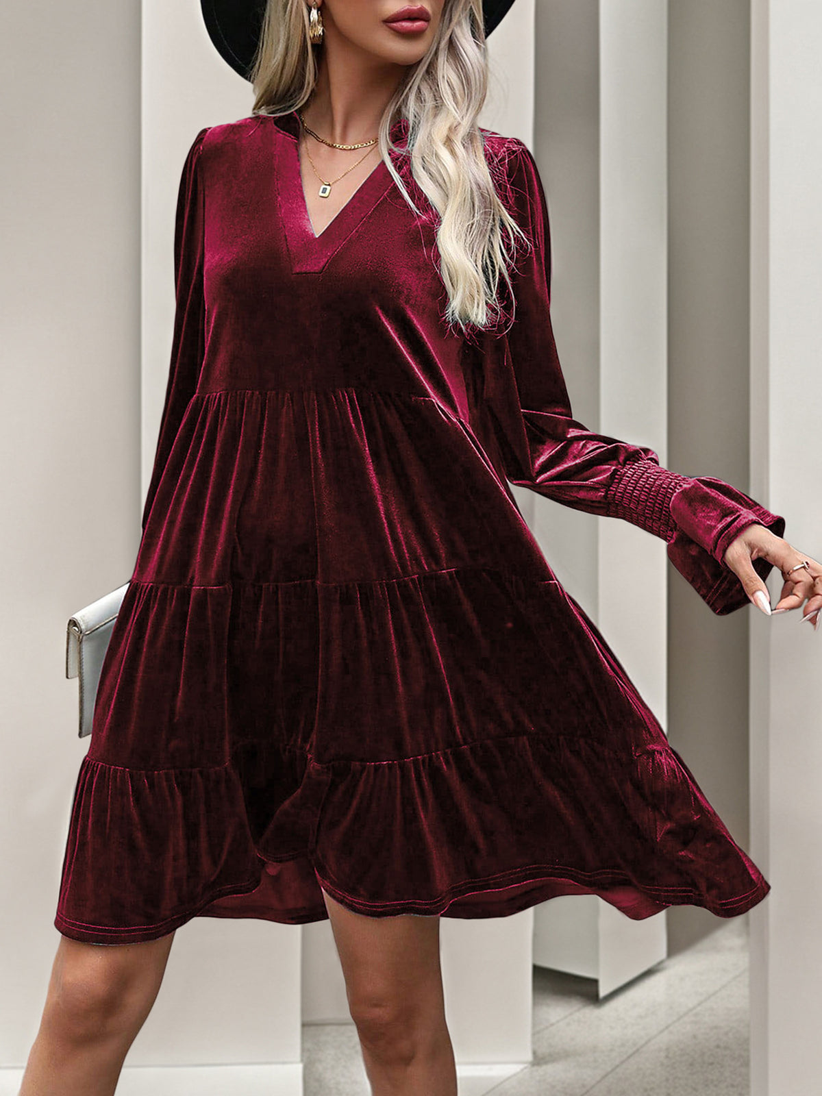 Léa Soft Velvet Tiered Long Sleeve Dress