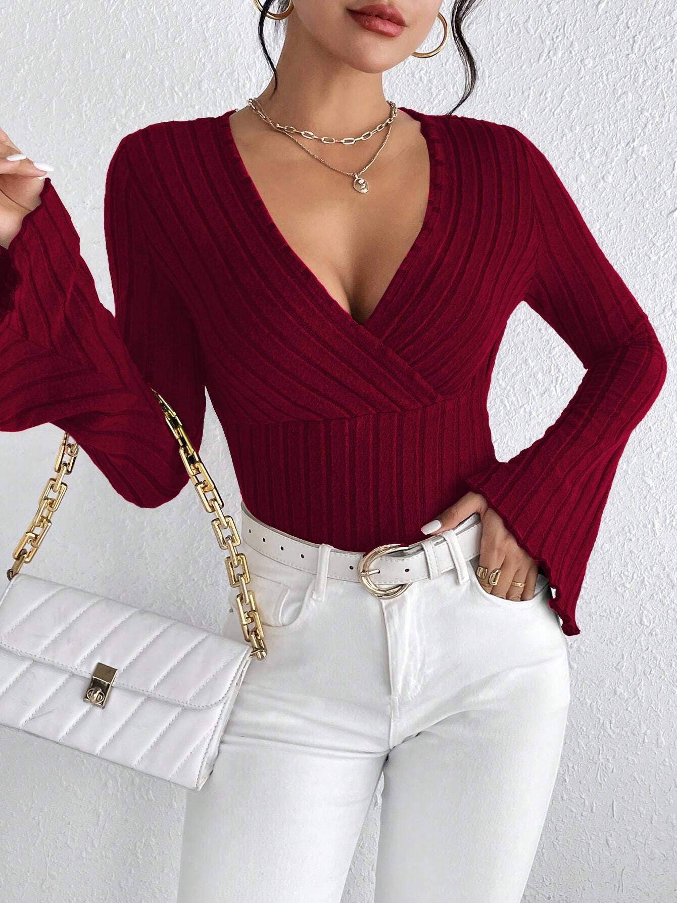 Léa Soft Knit V-Neck Ribbed Cardigan Sweater Top