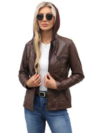 Léa Vintage Hooded Vegan Leather Moto Jacket