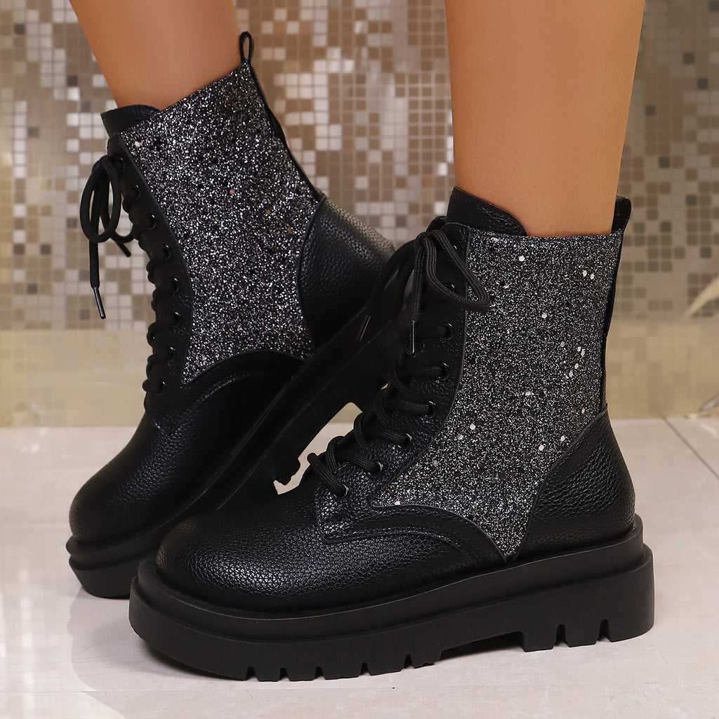 Penelope Sequin Sparkle Platform Lace-Up Boots
