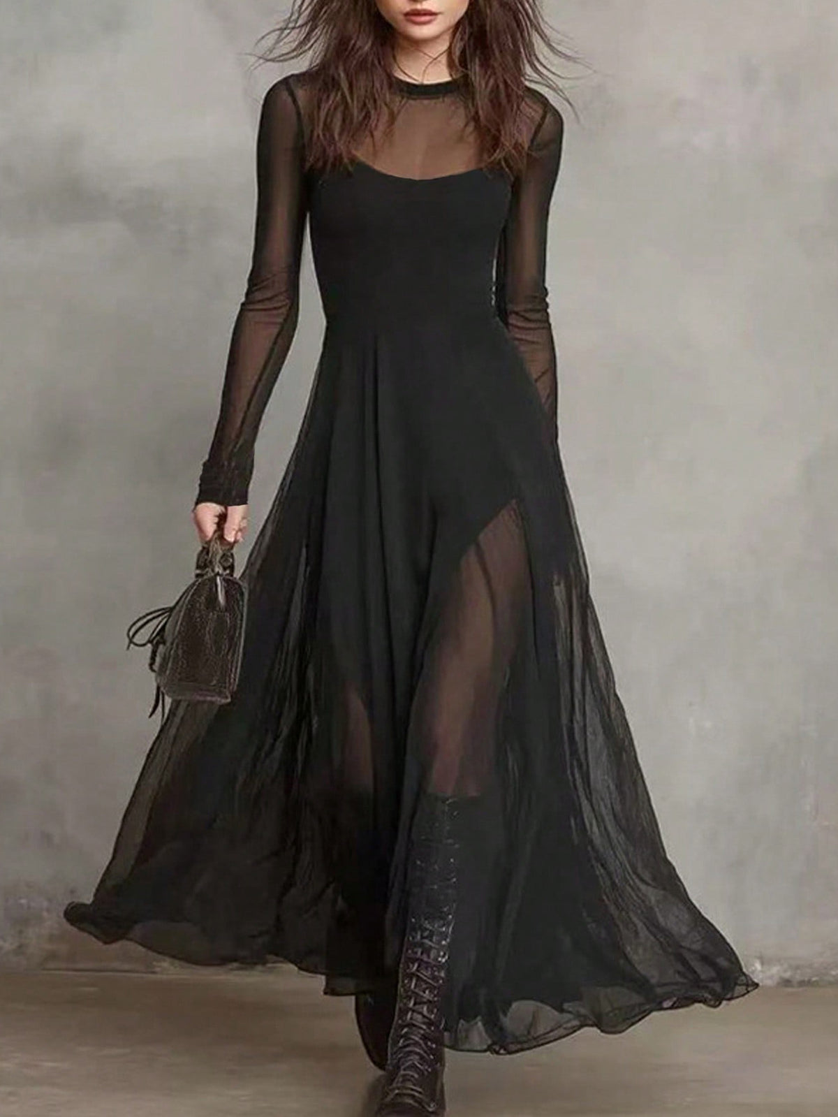 Odessa Sheer Mesh Sleeve A-Line Midi Dress