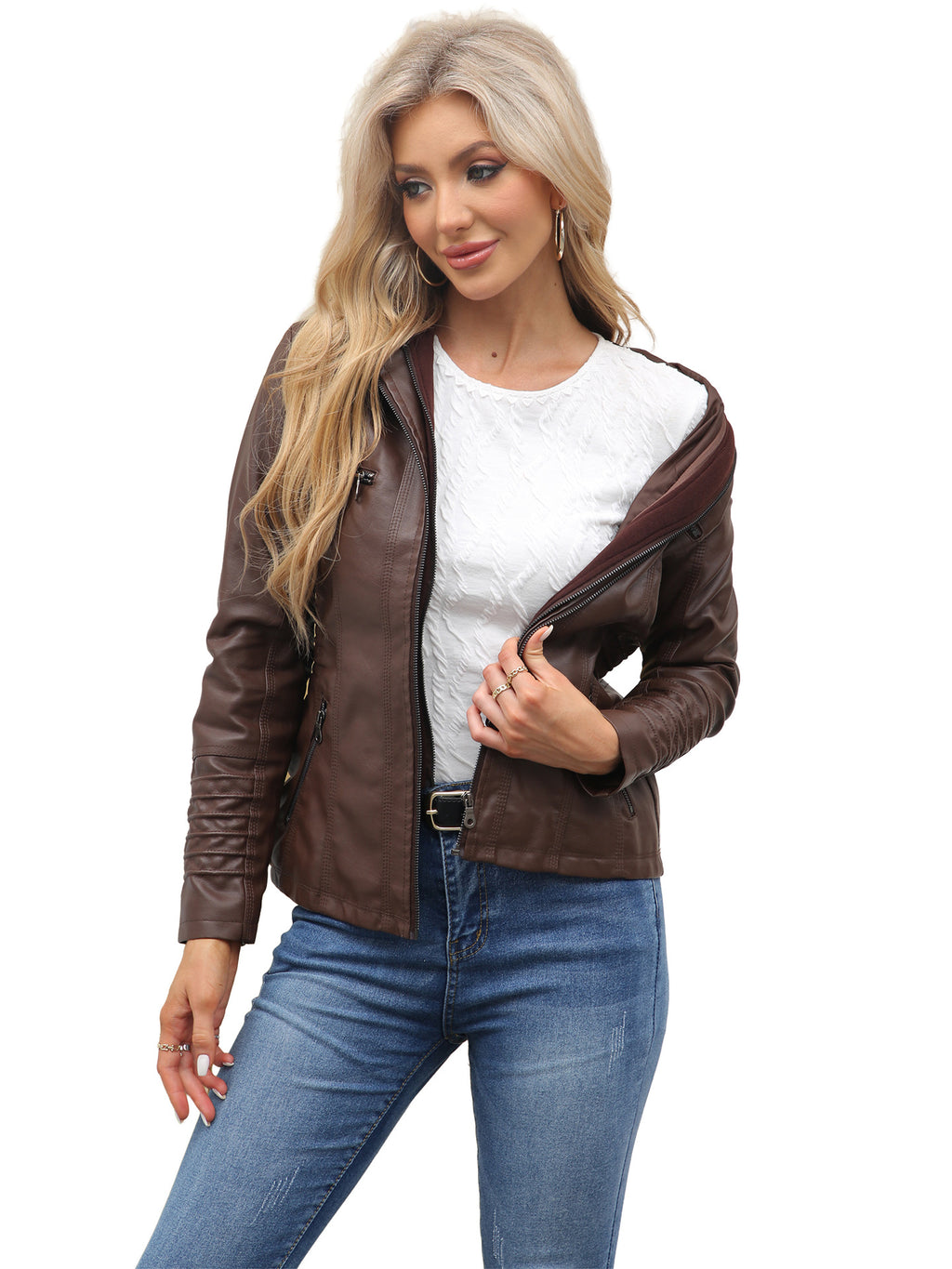Léa Vintage Hooded Vegan Leather Moto Jacket