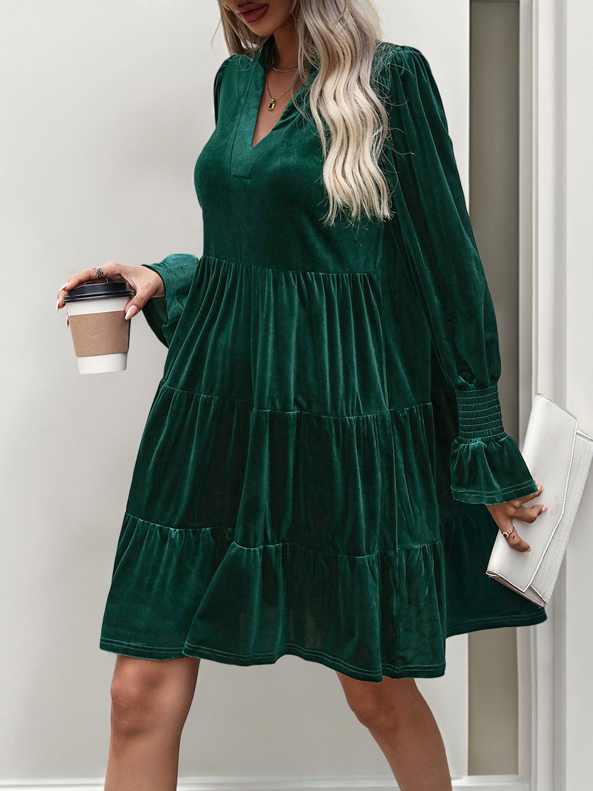 Léa Soft Velvet Tiered Long Sleeve Dress