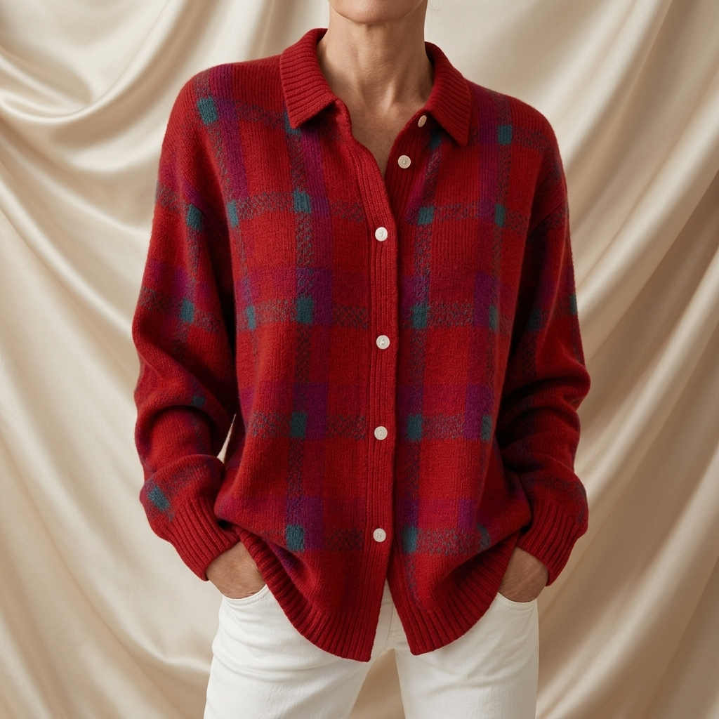Penelope Plaid Knitted Button-Up Shirt Cardigan