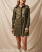Rosella Western Embroidered Faux Suede Shirtdress