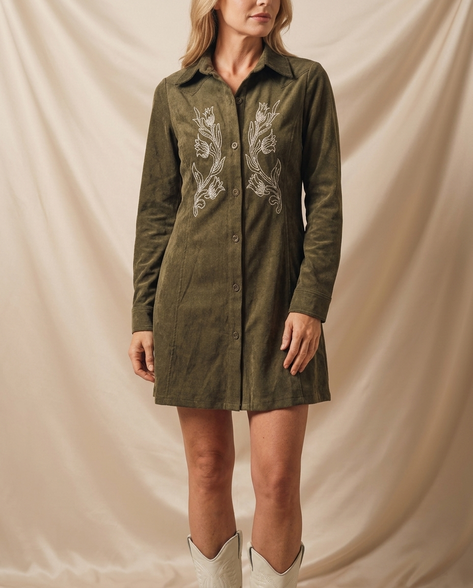 Rosella Western Embroidered Faux Suede Shirtdress