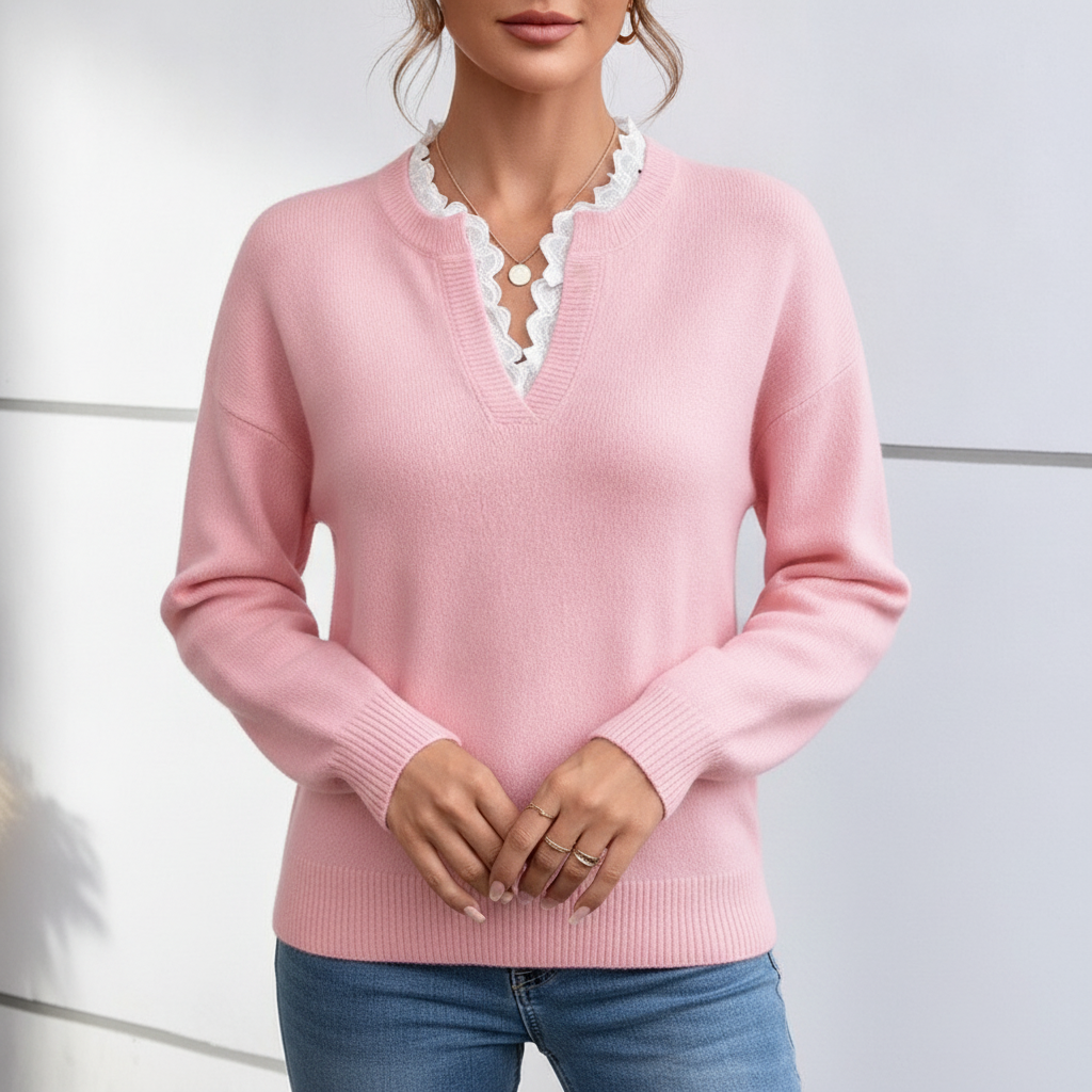 Léa Chic Lace Trim V-Neck Sweater