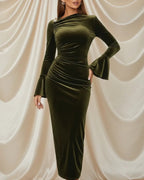 Elegant Velvet Long Sleeve Slit Midi Dress