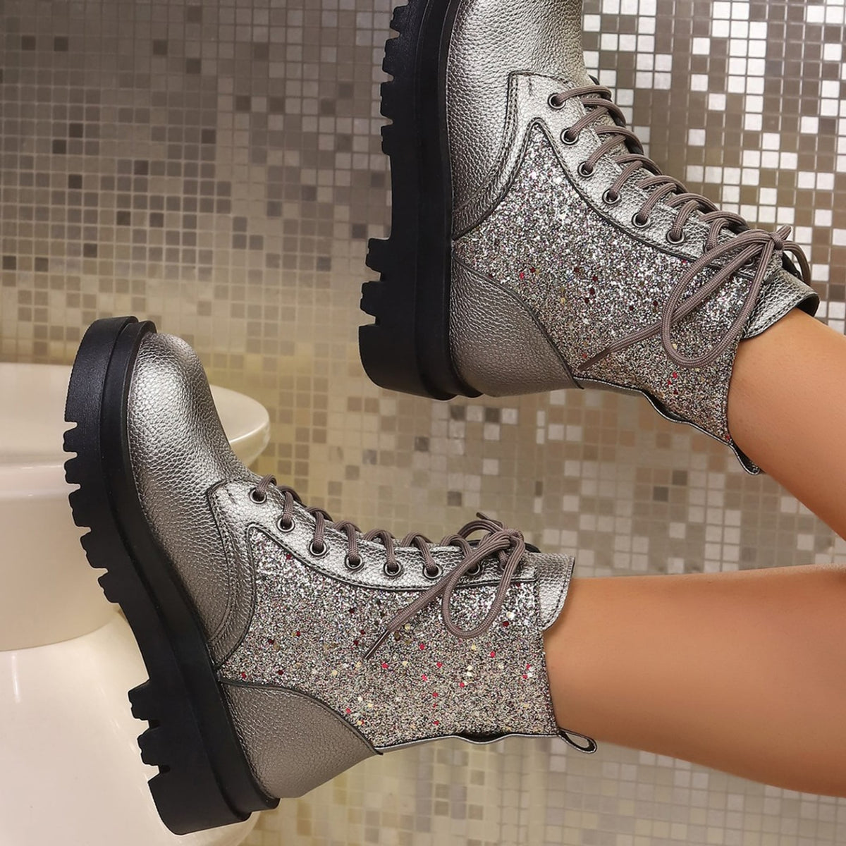 Penelope Sequin Sparkle Platform Lace-Up Boots