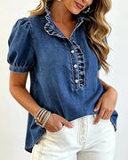 Léa Washed Denim Ruffle Blouse